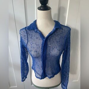 Nasty Gal royal blue mesh button down crop top Sz 4 sexy party see through sheer